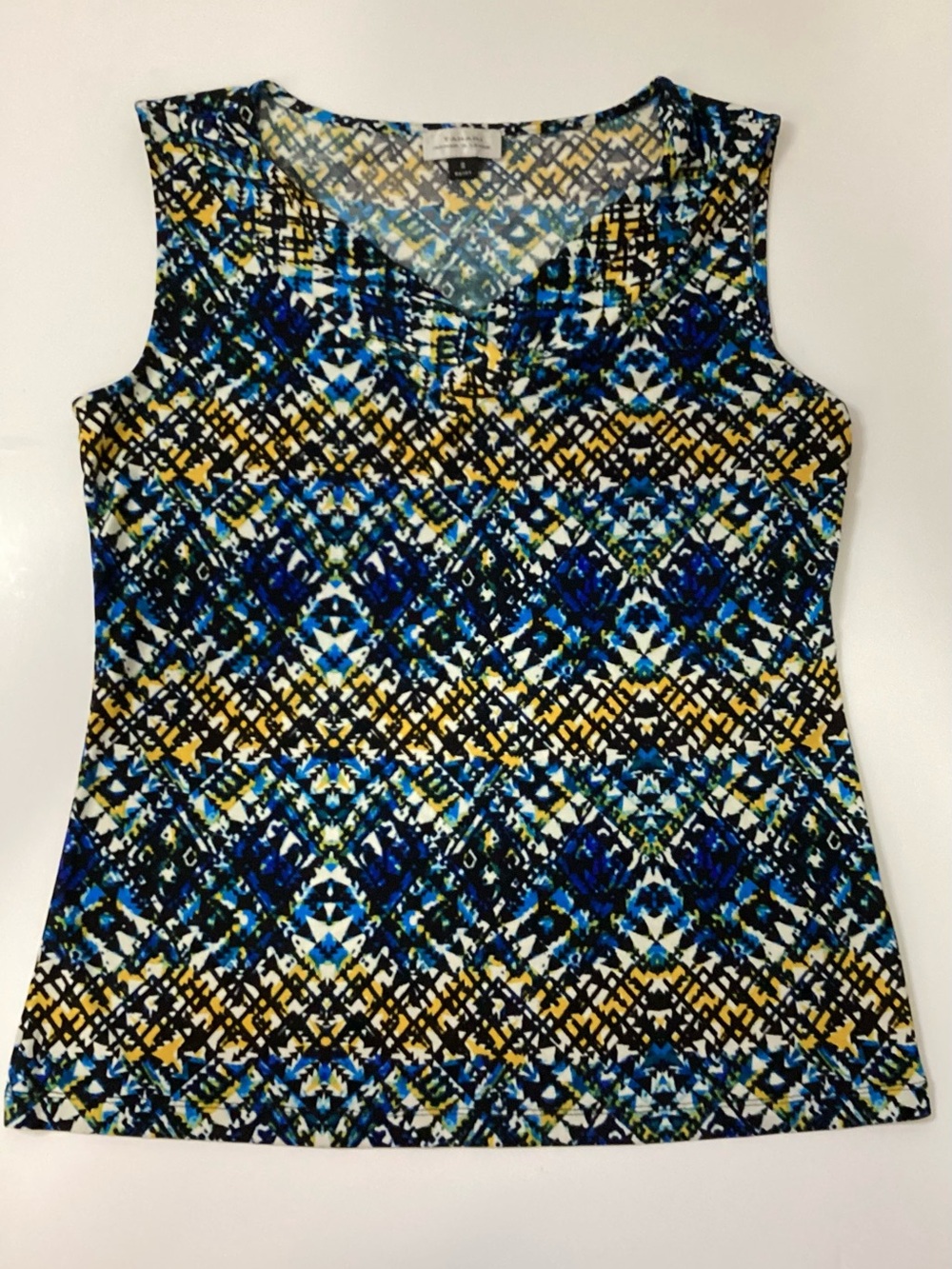 Tahari Blue, Yellow & Black Geometric V-Neck Tank
